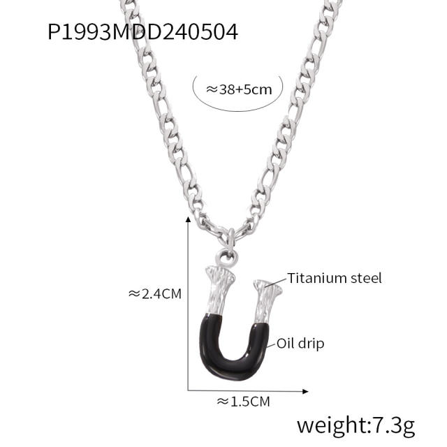 Hiphop black white enamel bubble initial letter figaro chain stainless steel necklace