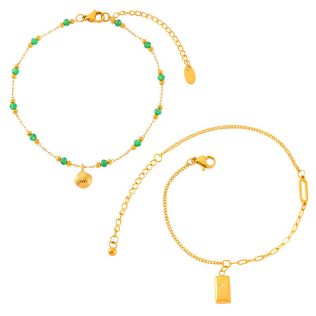 Korean fashion fresh green color bead shell charm stainless steel anklet