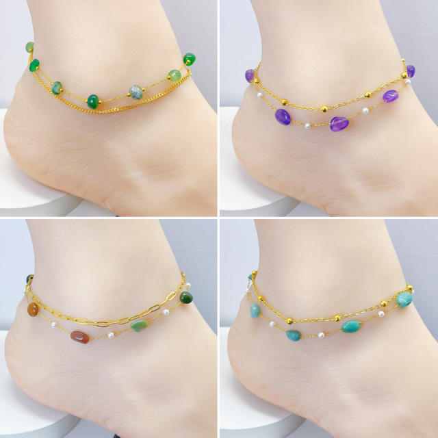Boho colorful natural stone two layer stainless steel anklet