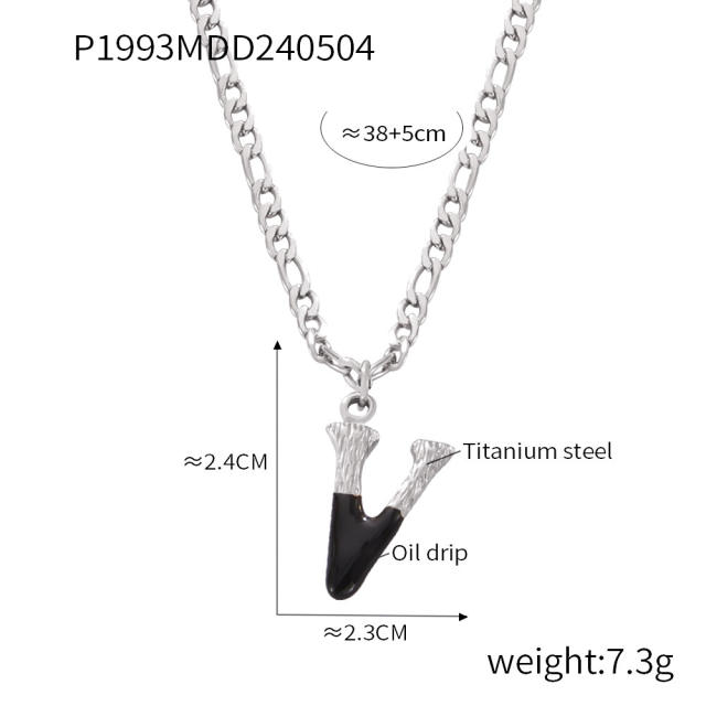 Hiphop black white enamel bubble initial letter figaro chain stainless steel necklace