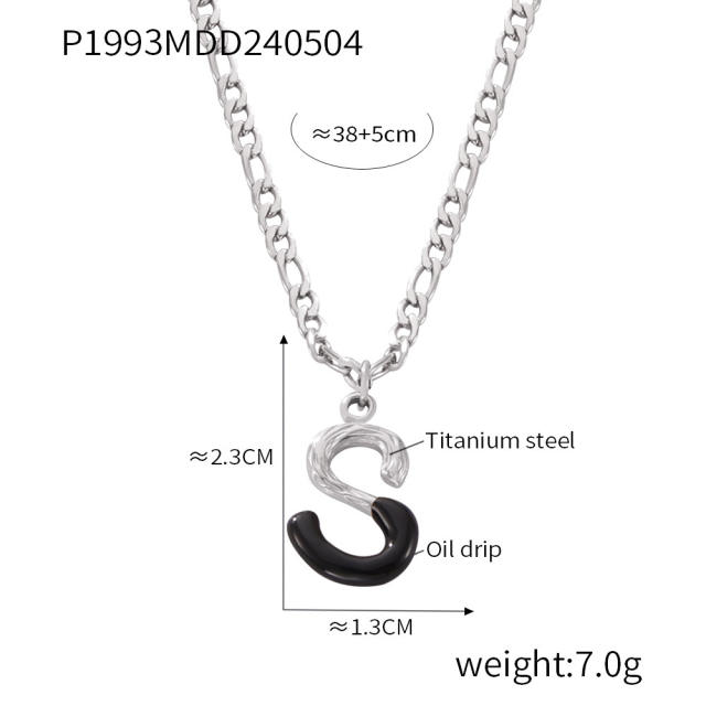 Hiphop black white enamel bubble initial letter figaro chain stainless steel necklace