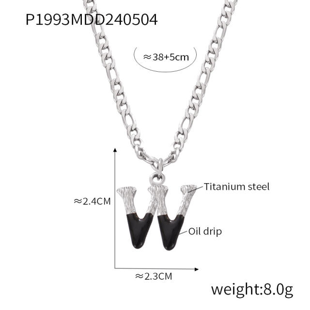 Hiphop black white enamel bubble initial letter figaro chain stainless steel necklace
