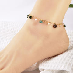 Boho colorful natural stone two layer stainless steel anklet