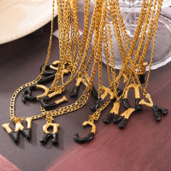 Hiphop black white enamel bubble initial letter figaro chain stainless steel necklace