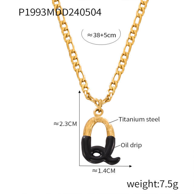 Hiphop black white enamel bubble initial letter figaro chain stainless steel necklace