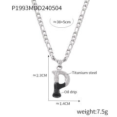 Hiphop black white enamel bubble initial letter figaro chain stainless steel necklace