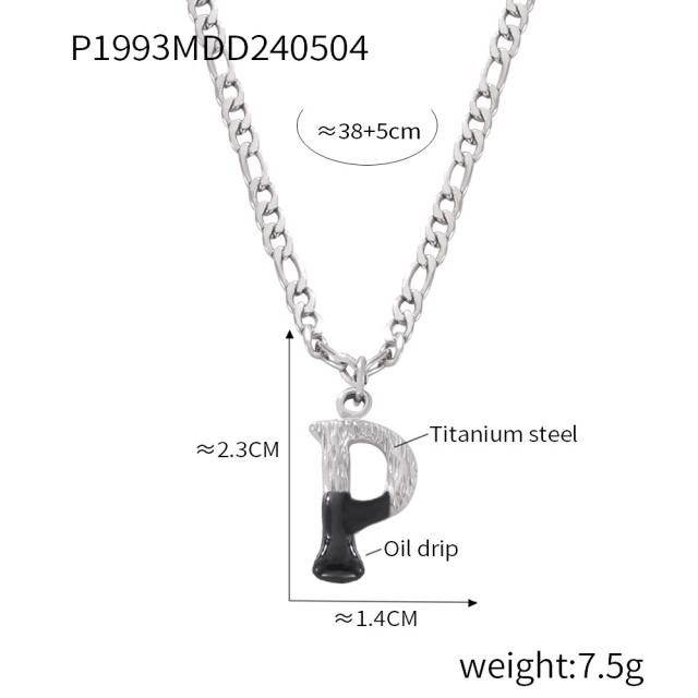 Hiphop black white enamel bubble initial letter figaro chain stainless steel necklace