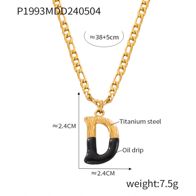 Hiphop black white enamel bubble initial letter figaro chain stainless steel necklace