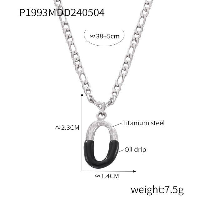 Hiphop black white enamel bubble initial letter figaro chain stainless steel necklace