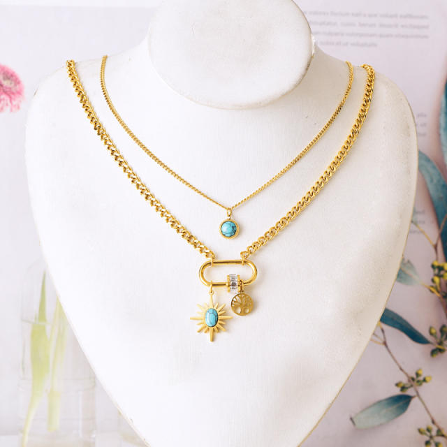 Boho two layer turquoise bead paperclip pendant stainless steel necklace