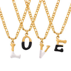 Hiphop black white enamel bubble initial letter figaro chain stainless steel necklace