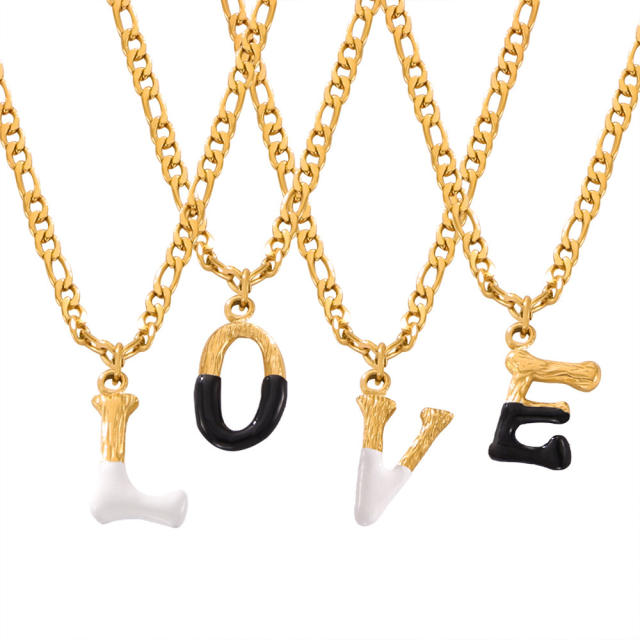 Hiphop black white enamel bubble initial letter figaro chain stainless steel necklace