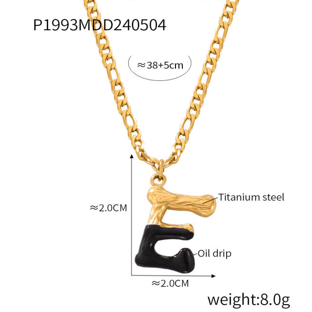 Hiphop black white enamel bubble initial letter figaro chain stainless steel necklace