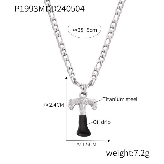 Hiphop black white enamel bubble initial letter figaro chain stainless steel necklace