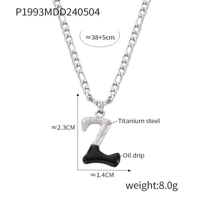 Hiphop black white enamel bubble initial letter figaro chain stainless steel necklace