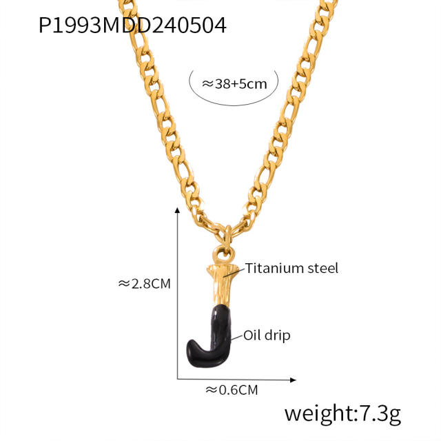 Hiphop black white enamel bubble initial letter figaro chain stainless steel necklace