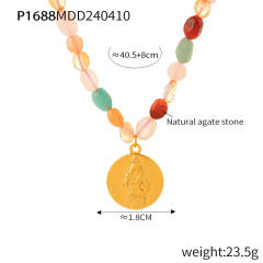Boho colorful agate stone coin pendant stainless steel necklace