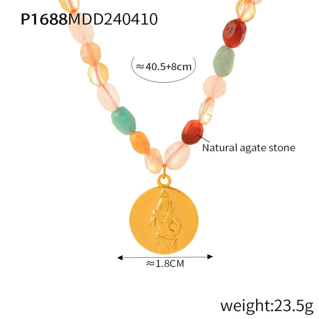 Boho colorful agate stone coin pendant stainless steel necklace