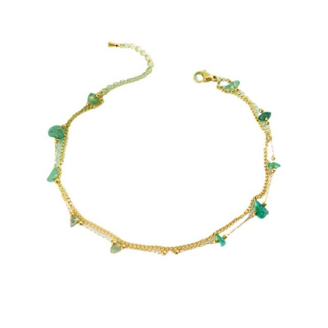 Boho colorful natural stone two layer stainless steel anklet