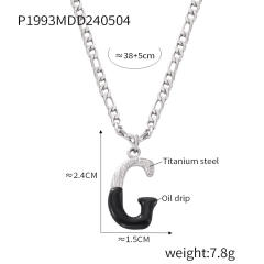 Hiphop black white enamel bubble initial letter figaro chain stainless steel necklace