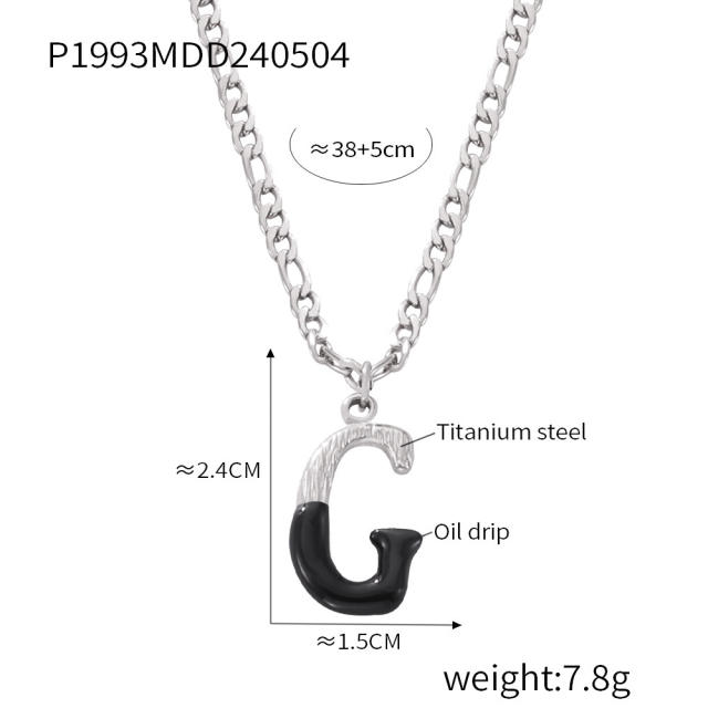Hiphop black white enamel bubble initial letter figaro chain stainless steel necklace
