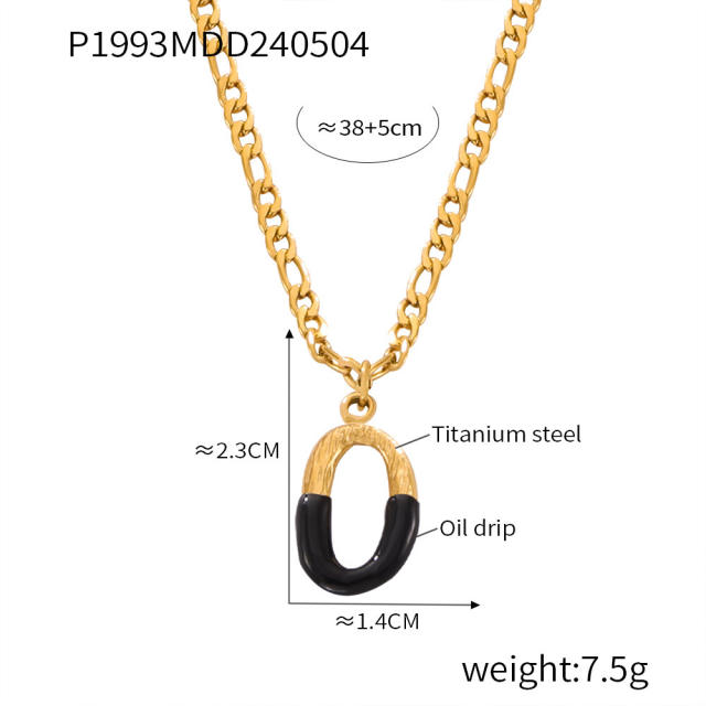 Hiphop black white enamel bubble initial letter figaro chain stainless steel necklace