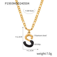 Hiphop black white enamel bubble initial letter figaro chain stainless steel necklace