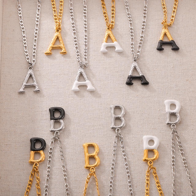 Hiphop black white enamel bubble initial letter figaro chain stainless steel necklace