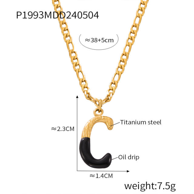 Hiphop black white enamel bubble initial letter figaro chain stainless steel necklace