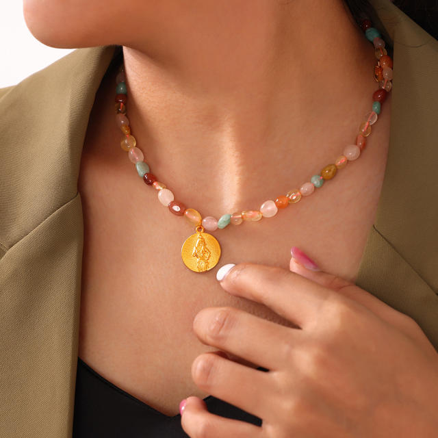 Boho colorful agate stone coin pendant stainless steel necklace