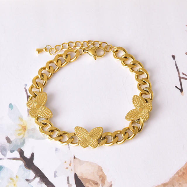 HIPHOP butterfly heart cuban link chain stainless steel bracelet