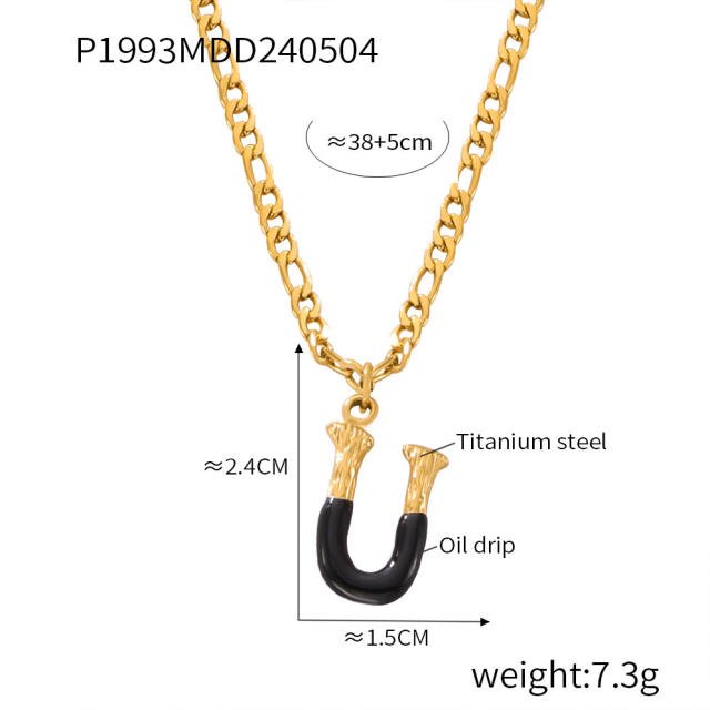 Hiphop black white enamel bubble initial letter figaro chain stainless steel necklace