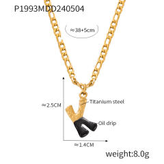 Hiphop black white enamel bubble initial letter figaro chain stainless steel necklace