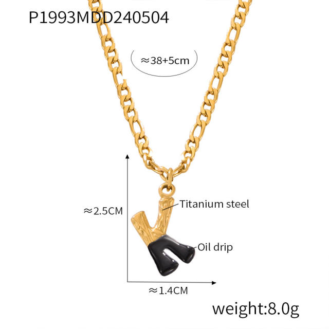 Hiphop black white enamel bubble initial letter figaro chain stainless steel necklace