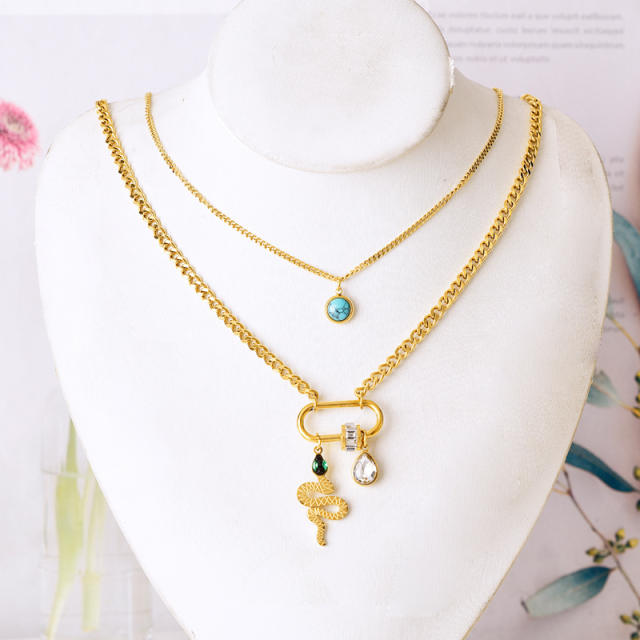 Boho two layer turquoise bead paperclip pendant stainless steel necklace