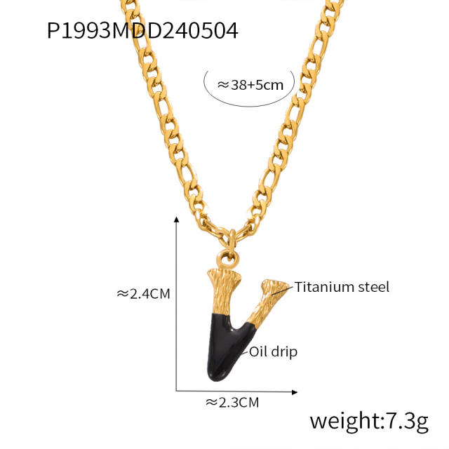 Hiphop black white enamel bubble initial letter figaro chain stainless steel necklace