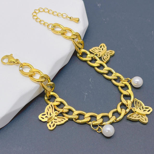 HIPHOP hollow out butterfly charm stainless steel cuban link chain bracelet