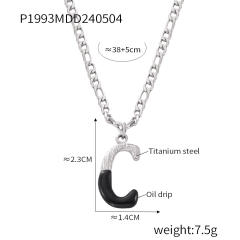 Hiphop black white enamel bubble initial letter figaro chain stainless steel necklace