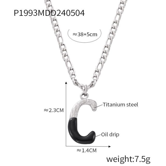 Hiphop black white enamel bubble initial letter figaro chain stainless steel necklace