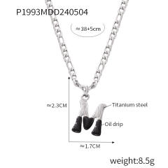 Hiphop black white enamel bubble initial letter figaro chain stainless steel necklace