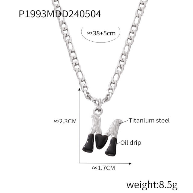Hiphop black white enamel bubble initial letter figaro chain stainless steel necklace