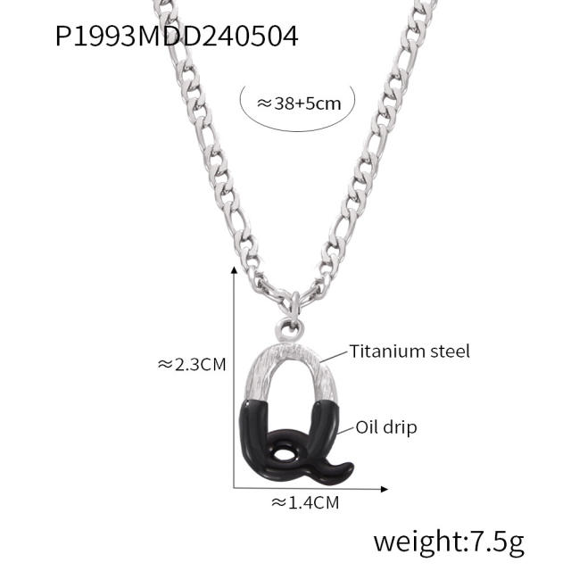 Hiphop black white enamel bubble initial letter figaro chain stainless steel necklace
