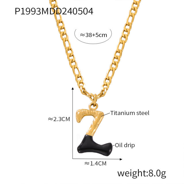 Hiphop black white enamel bubble initial letter figaro chain stainless steel necklace