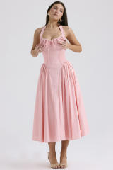 Summer elegant plain color floral pattern halter neck maxi dress