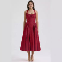 Summer elegant plain color floral pattern halter neck maxi dress