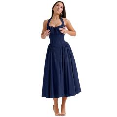 Summer elegant plain color floral pattern halter neck maxi dress