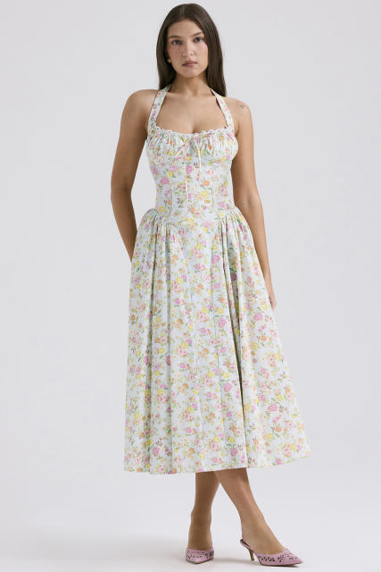 Summer elegant plain color floral pattern halter neck maxi dress