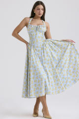 Summer elegant plain color floral pattern halter neck maxi dress