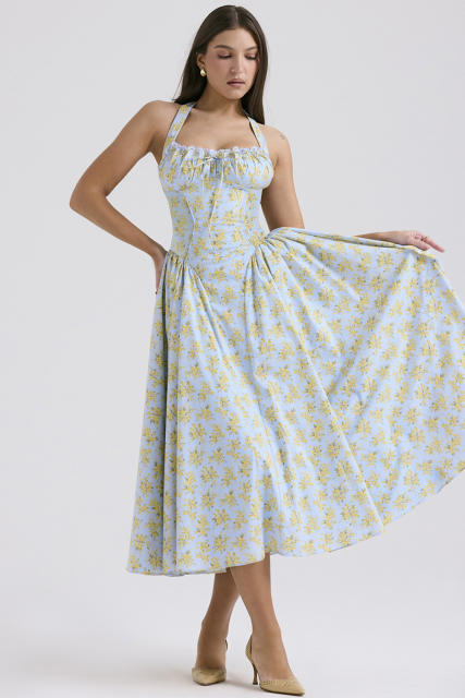 Summer elegant plain color floral pattern halter neck maxi dress