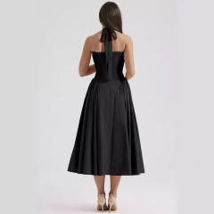 Summer elegant plain color floral pattern halter neck maxi dress